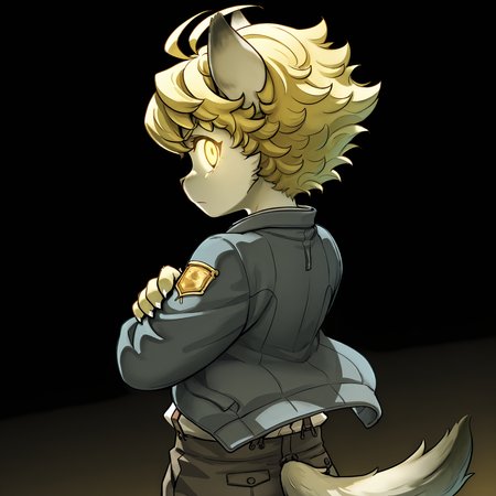 masterpiece, best quality, (absurdres), (highest quality), amazing quality, very aesthetic, no humans,
BREAK, <lora:Malt_Marzipan:1>, malt marzipan, fuga: melodies of steel, young male, 1boy, animal ears, yellow eyes, blonde hair, tail, glowing eyes,
BREAK, pants, suspenders, shirt, jacket, claws
BREAK, half body, simple background, looking at viewer, rear view, arms crossed, serious, stern