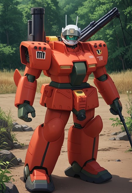 score_9, score_8_up, score_7_up, source_anime, front view, BREAK,  ( guncannon_mass_production_type, riverside, looking at viewer,) 1mech, copper mech, copper armor, metallic armor, fishing, fishing rod, shoulder cannons stowed, mech focus, solo, BREAK, two arms,
