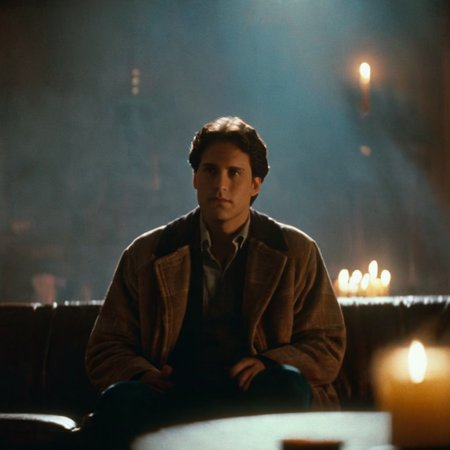cinematic film still of  <lora:Fright Night 1985 Film Style:1>
Cinematic medium full wide Shot Film Footage captured by Panavision Cameras and Lenses, Charley Brewster a profile view of a man sitting on a couch in a living room in church with candle light in background, staring at something to the right with cool light on him, Fright Night 1985 Film Style, shallow depth of field, vignette, highly detailed, high budget, bokeh, cinemascope, moody, epic, gorgeous, film grain, grainy