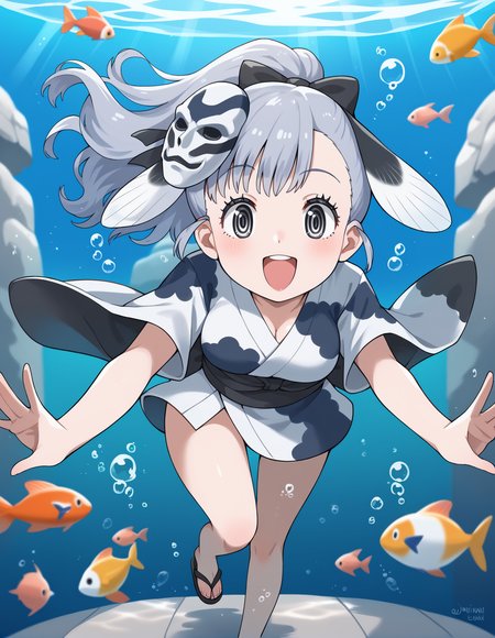 score_9, score_8_up, score_7_up, score_6_up, score_5_up, score_4_up, source_anime, rating_safe, BREAK <lora:jinmenGyoXL_LoRA-C3Lier_AdamW_Dim16_Alpha16_UN-3e-4_TE-1.5e-4_10batch_ponyDiffusionV6XL_v6StartWithThisOne:1>, jinmen-gyo \(kemono friends\), 1girl, grey eyes, head fin, grey hair, long hair, ponytail, tail, hair bow, mask on head, short yukata, sash, sandals, open mouth, happy, swimming, facing viewer, looking at viewer, leaning forward, eye focus, depth of field, perspective, submerged, underwater, fish, koi, air bubble
