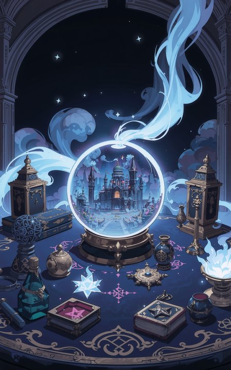 A magical table filled with mystical artifacts,at the center sits a glowing crystal ball. Inside the crystal ball,a dark,ominous ancient castle is vividly displayed,surrounded by swirling mist and faint glimmers of magical energy. The scene is rich in fantasy style,with intricate details,enchanted symbols carved on the table,and a dim,mysterious ambient light that enhances the magical atmosphere.,<lora:fca_style_3_4:1>,Flat colour anime style image showing,