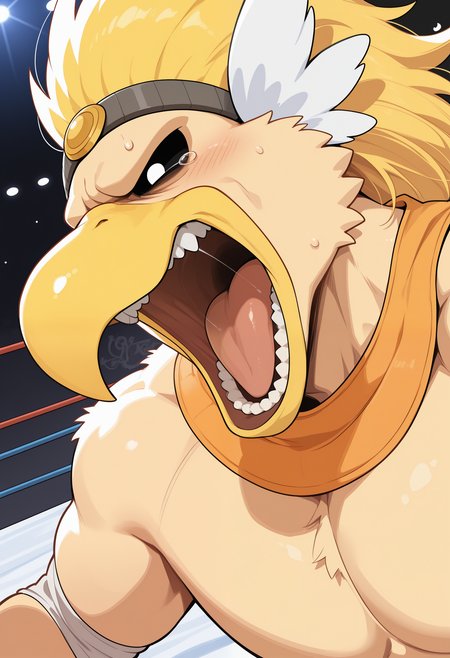 masterpiece,best quality, amazing quality, 1boy, solo,  r4wk, bird boy,headband, neck tie, shouting, close up, side angle,

wrestling ring,