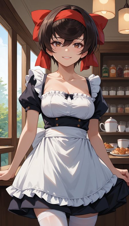 score_9, score_8_up, score_7_up, source_anime, 
<lora:Shizuka Tsuruk:1> 1girl, mole under eye, hair bow, short hair,black hair, red ribbon, brown eyes,bangs
cafe,looking at viewer,cowboy shot, (black strapless dress),maid, white apron, white thighhighs,smile