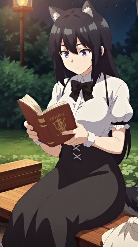 score_9, score_8_up, score_7_up,anime_source, source_anime, best background, detailed background, anime screencap, 4k, upscale,  Mila Micola, Main Outfit, solo, holding, sitting, outdoors, book,  night, holding book, open book, reading, bench,   <lora:JN_Mila_Micola_Pony:0.8>