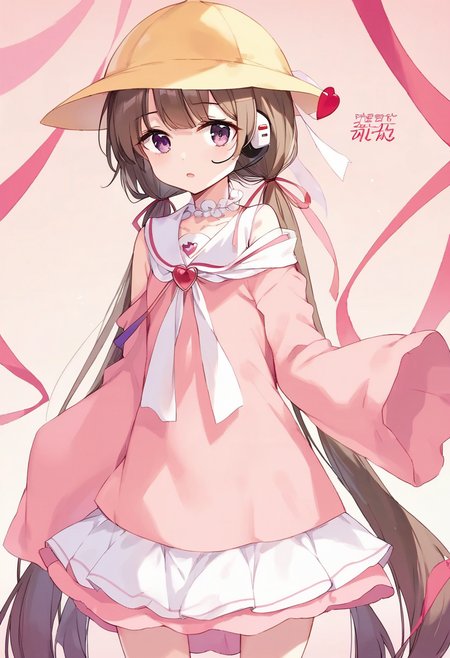 score_9, score_8_up, score_7_up, source_anime, BREAK
<lora:TsukiyomiAi_MMD_Pony_V1:0.85> Tsukiyomi_Ai, Purple Eyes, brown hair, very long hair, low twintails, bangs, pink hair ribbon, headset, school hat, yellow hat, 
White neck ribbon, kindergarten uniform, collared dress, frilled collar, pink dress, Heart Brooch, short dress, Sleeveless dress, Heart name tag, 
(off Shoulder), collarbone, sleeves past fingers, pink sleeves, 
(cover page, cover, official art, cover page, doujin cover, speech bubble, text focus, heart, magazine cover),
blonde dip-dye background, simple bacground,,brown background, simple bacground,,