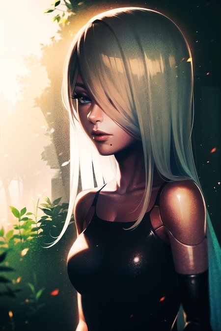 yorha type a no. 2,

1girl, android, bare shoulders, blue eyes, fog, hair over one eye, joints, light particles, long hair, mole, mole under mouth, one eye covered, portrait, robot joints, shadow, solo, white hair

robot, robot joints, mechanical parts, grass, highres, outdoors, overgrown

<lora:yorha_type_a_noDOT_2:0.7>