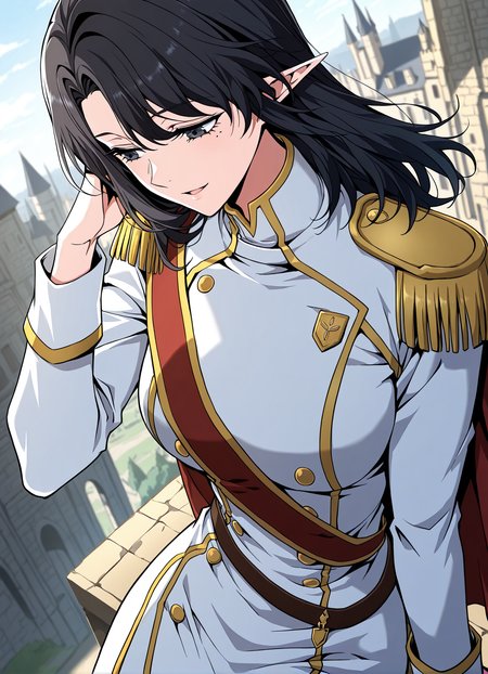 <lora:Aya_Grephin__The_Beginning_After_the_End__Illustrious:1>
1 girl, solo, female elf, medium length black hair, pointed ears, mole under left eye, black eyes, 
white military uniform with gold trim, gold shoulder pads, red sash, high collar, double-breasted buttons, golden epaulettes, detailed uniform folds,
score_9, score_8_up, score_7_up, very aesthetic, source_anime, detailed, high quality, beautiful, masterpiece, detailed eyes, castle, village, blurry background, cityscape, pose dynamic angle, light smile, open mouth, hand on hair, sitting