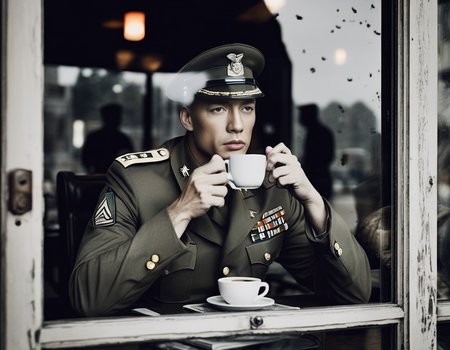 A photorealistic image of a man in full military uniform sitting in front of a large glass window. The man should be visibly drinking coffee from a mug or cup. His facial expression should be detailed, capturing a mix of emotions such as contemplation, fatigue, or resolve. The glass window should serve as a reflective surface, displaying the haunting image of a war-torn battlefield with ruins and debris. The lighting should be subtle yet effective, highlighting the man's face and the reflection on the window. The military uniform should be detailed, showing patches, badges, or insignia that indicate rank or affiliation. The overall atmosphere should evoke a sense of contrast between the calm interior and the chaotic exterior reflected in the window,<lora:windowsback2:0.65>