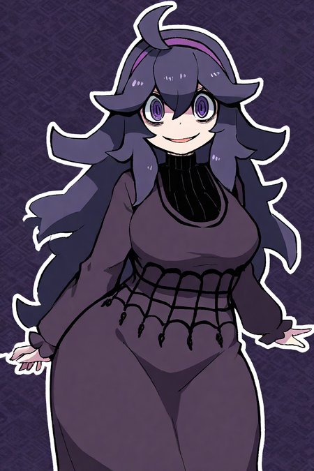 masterpiece, best quality, absurdres, medium breasts, (curvy), cute, eyelashes,      vivid colors,   BREAK,  ,,, , ,,,    hex maniac (pokemon),   long hair, ahoge, purple hairband, purple eyes, large breasts, long dress, <lora:HexManiacPokemonIXL:1.0>,  ,,,   , ,,,   smile, looking at viewer,  cowboy shot, ,,, abstract background, white outline, <lora:ZankuroIXLLight_v2:0.8>,