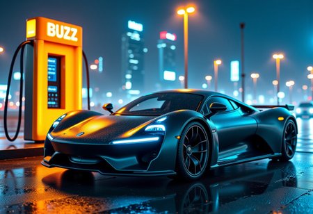 A sleek, futuristic speedy extremme flat supercar parked at a high-tech electric charging station under a neon-lit cityscape at night. The car has a glossy metallic finish with aerodynamic curves, glowing blue accents on its rims and headlights. A glowing yellow charging cable connects the station to the fuel door on the car, with the word "BUZZ" prominently illuminated in bright yellow on the cable. The charging station has a sleek, minimalist design, with holographic interface panels and glowing LED indicators. The setting is vibrant and modern, with a faint fog giving the scene a cinematic, cyberpunk vibe. Photorealistic rendering, ultra-detailed reflections, and realistic lighting,logo, text, sign that says, the word