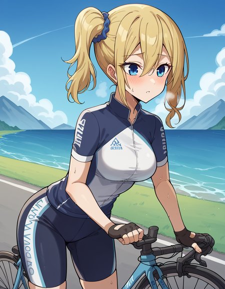 score_9, score_8_up, score_7_up, source_anime, <lora:ai-hayasaka-s3-ponyxl-lora-nochekaiser:1>, ai hayasaka, bangs, blue eyes, blonde hair, hair ornament, hair between eyes, sidelocks, side ponytail, scrunchie, hair scrunchie, blue scrunchie, medium breasts, <lora:cycling-uniform-ponyxl-lora-nochekaiser:1> cycling uniform, bicycle, bike jersey, bike shorts, biker clothes, fingerless gloves, gloves, road bicycle, short sleeves,, road, mountains, ocean, blue sky, clouds, bent over, parted lips, sweat, steam, blush, cowboy shot,