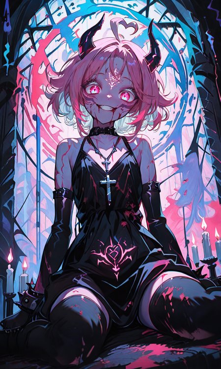 masterpiece,best quality,absurdres,very aesthetic,very awa,highres,newest,year 2024,year 2023,<lora:NLSTN-IL_1412568:1>,nlstn,<lora:illustrious_quality_modifiers_masterpieces_v1_956369:0.7>,<lora:ponyv4_noob1_2_adamW-000017:0.7>,<lora:spo_sdxl_10ep_4k-data_lora_webui:0.6>,<lora:add-detail-xl:0.9>,<lora:KonyaKarasue-000008:0.4>,<lora:Isha_Illus_XL_1131795:0.6>,ishaILXL,heart ahoge,pink eyes,skinny,multicolored hair,white hair,pink hair,24 yo,24 year old girl,white eyelashes,dynamic background,detailed,womb tattoo,dynamic_angle,flat chest,looking at viewer,facial mark,
horns,1girl,jewelry,solo,bracelet,thighhighs,candle,red eyes,sitting,wariza,colored skin,gloves,looking at viewer,smile,blood,spikes,elbow gloves,magic circle,dress,black thighhighs,pentagram,necklace,glowing,bare shoulders,short hair,cross,black dress,