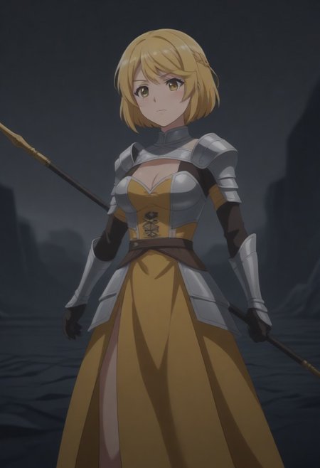 (outdoor, rubble, fantasy background, dim lighting:1.5), 
8k, super high vision:, intricate details, Super high quality, Super high resolution, masterpiece, full color, (anime art, anime screencap:1.5), 
super cute girl, super cute face, 
narrow waist, top heavy, tiny hips, small hips, skinny, tiny hips, hips, thigh, thighs, 
(brave perspective, holding spear, hold with both hands, hold a weapon in both hands, thunder spear, spear, flag, weapon bearer, dynamic:1.5), 
(female knight, dress armor:1.5), 
(beautiful breasts, medium breasts:1.5), 
(1girl, soro:1.5), 
(Jeanne, short hair, blonde hair, cowboy shot:1.5),
