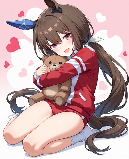score_9, score_8_up, score_7_up, 1girl, (looking at viewer:1.2), (open mouth:1.0), smile,, , heart background,, (Pretending to hug a teddy bear:1.2),, (full body:1.2),
admire vega \(umamusume\), <lora:pony_admire_vega_v1.02:1>, horse ears, horse tail, hair between eyes, low ponytail, single ear cover,
<lora:_sdxl-um-tracenjersey-pony:0.6>, red jacket, track jacket, , tracenjerseyburuma, red buruma,
,