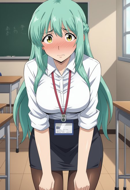 EBKuon, 1girl, solo, long hair, yellow eyes, braid, green hair, aqua hair, french braid, anime coloring, medium breasts, black skirt, blush, nose blush, embarrassed, shy, brown pantyhose, collared shirt, lanyard, pantyhose, pantyshot, pencil skirt, shirt, standing, sleeves 	rolled up, solo, white shirt, indoors, classroom, looking at viewer, 
 <lora:KuonShinsaki-04:1>, <lora:xl_more_art-full_v1:0.8>