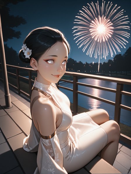 masterpiece, best quality, absurdres,
<lora:ILCyberHanako:1.0>
CyberHanako, 1girl, black hair, white eyes, looking at viewer, sitting, at night, fireworks, park, looking up, smile