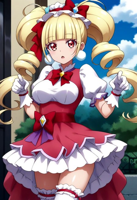 score_9, score_8_up, score_7_up, source_anime, (nsfw1.0), BREAK, 
curemacherie, cute 1girl, (large breasts), skinny body, short stature, twintails, 
pom pom earrings, pink ribbon, white gloves, frilled thighhighs, puffy sleeves, layered dress, porch, wrist bow, jewelry, white panty
shiny skin, 
expressionless, small open mouth, 
any pose, s-shaped pose, looking at viewer, 
angle:random, 
background:random,