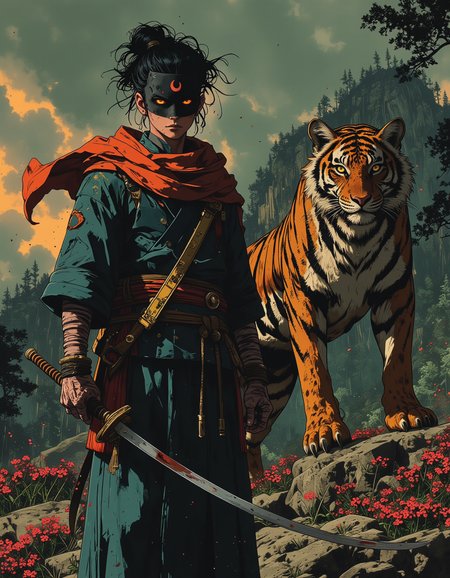 Comic style concept art, A young, androgynous samurai with unruly dark hair wearing a dark black mask with a crescent moon ornament, glowing red eyes, and pale skin, wearing a dark blue kimono with teal accents, a red sash, and a flowing orange-red scarf, holding a katana sword with gold hilts, stands next to him is a big tiger, standing confidently on a jagged rocky outcrop covered in small pink flowers, a dramatic cloudy sky with hints of orange and red in the background, highly detailed, <lora:Luminous_Shadowscape:0.6>, <lora:NeonFantasyPrimeFLUX:0.6>, <lora:FluxMythP0rtr4itStyle:0.6>