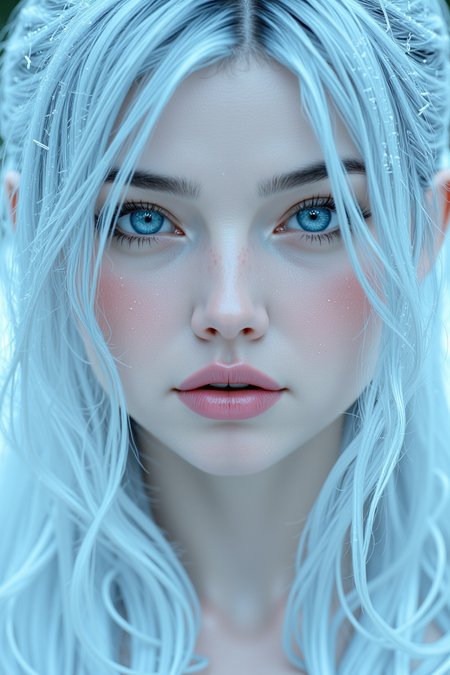 AllisonMixer, hyper realistic 4k resolution photo of a beautiful young woman looking seductively at viewer. Close up shot showing frost and ice crystals on bluish pale skin. White, slightly blue hair.