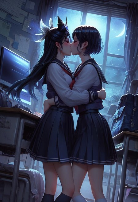 score_9, score_8_up, score_7_up, source_anime, <lora:Fixhands_anime_bdsqlsz_V1:1>, <lora:Expressive_H:0.7>, Expressiveh,
masterpiece, highres, ultra detailed, best quality, extremely detailed face, perfect lighting,
beautiful skin, shiny hair, shiny eyes, eyelashes, detailed eyes, kiss, closed eyes, blush, long hair,
multiple girls, 2girls, yuri, school uniform, skirt, serafuku, pleated skirt, socks, long sleeves, couple, sailor collar, kneehighs, school, room, computer desk, keyboard, monitor, night view, moonlight, full moon, short cut, standing, hug, neckerchief, light particles:1.5, indoors, cowboy shot, 
<lora:daisyuki_pony_V1.0:0.7>, daisyuki, girl 1 is prestige star guardian syndra