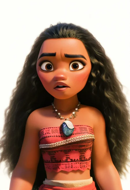 best quality, amazing quality, very aesthetic, absurdres,
 1girl, moana, black hair, long hair, brown eyes, curly hair, dark skin,
midriff, necklace, strapless, tube top, skirt,
upper body,
looking at viewer, solo, simple background, white background,   <lora:MoanaNoobXL_byKonan:1>