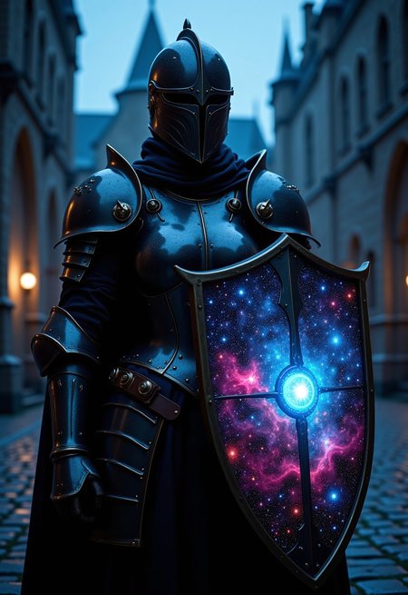 aidmaimageupgrader, (they glow at night), a high quality digital image of a female knight wearing full anthracite coloured heavy plate armour included helmet and face shield, the armour is stylised with sleek curves and a variety pf spikes, the knight is holding a tower shield, the tower shield is made of an intricately detailed galaxy, within the galaxy we see a variety of stars, nebulae and galactic dust detailed in bright and vivid colours, the knight is standing in a castle courtyard, they glow at night,