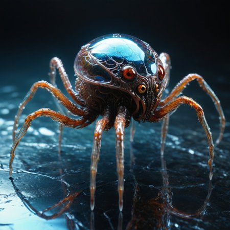 bioengineered spider creature, many legs, spindly legs, lots of eyes, (transparency:1.4), (detailed cybernetic implants fused with organic matter), full body, (with intensely vibrant swirling colors:1.3), realistic photo,  artialien