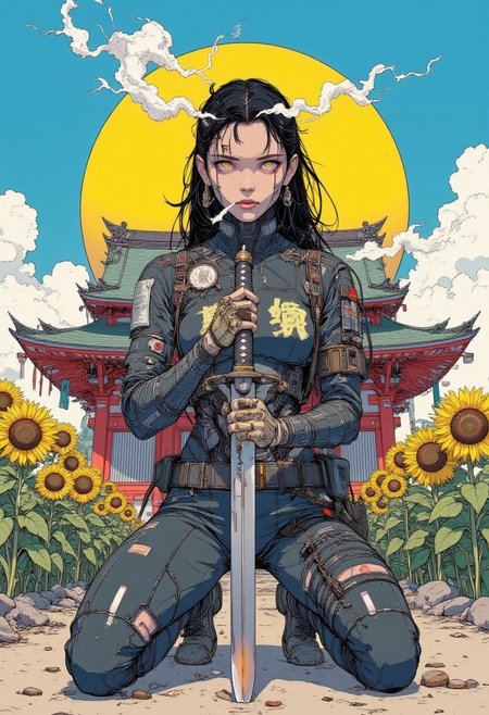scifi, fantasy, masterpiece, best quality, great composition, Japanese Culture Style, Neo Photorealistic Art, Emotional Photos, 35mm film, Young Japanese Woman fighting for Ukraine, wearing a skintight black ninja bodysuit, A Japanese sword is stuck into the ground, smoking, Japanese shrine background with a centered yellow circle on blue background, yellow sphere in the background, sunflowers