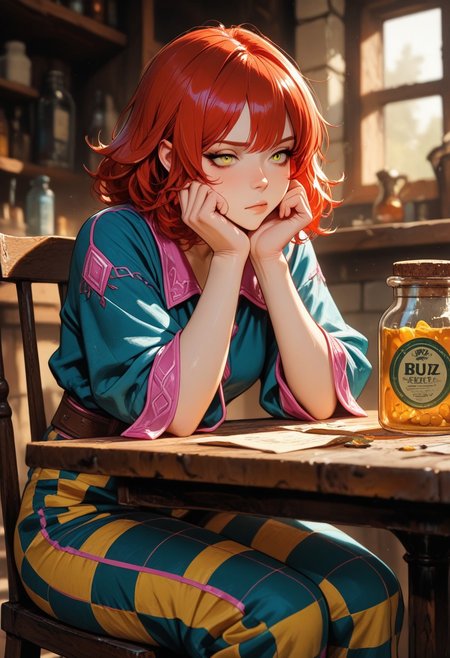highres, very detailed, amazing quality, masterpiece,
very aesthetic, 
particle effect,
pickle jar in foreground on table, jar in foreground, (focus on jar,) (blurred background), depth of field, (text on jar, Buzz, "Buzz")
BREAK, background:
1girl, beautiful eyes, bard, rosy skin, strong face, solo, lavish clothes, blue jacket with pink trim, green yellow checkered pants, short red hair, small breasts, curvy,  
fantasy theme, inn theme,
sitting at table, bored, head on hands, 
bored, tired
lively inn,