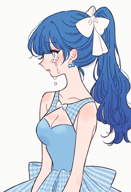 score_9, score_8_up, score_7_up, score_6_up, source_anime, <lora:rikuwo_v0.3-pony:1>
1girl, solo, long hair, breasts, blush, bangs, blue eyes, simple background, white background, dress, bow, cleavage, bare shoulders, medium breasts, blue hair, collarbone, ponytail, hair bow, earrings, sleeveless, tears, nail polish, plaid, bare arms, profile, sleeveless dress, blue dress, looking away, crying, white bow, blue nails, crying with eyes open, skirt hold