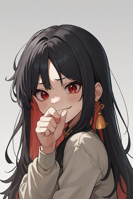 source_anime, score_9, score_8_up, solo, 1girl,  <lora:moran-nikke-richy-v1_pdxl:0.9> moran, black hair, long hair, colored inner hair, multicolored hair, red hair, red eyes, tassel earings, whistling, :3, wavy mouth, happy, closed mouth, covering mouth, pointing, looking at the viewer