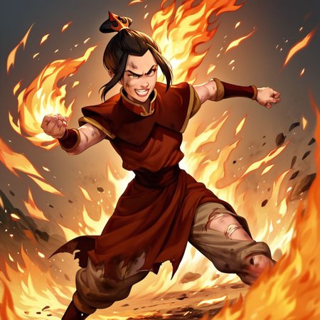 score_9, score_8_up, score_7_up, score_6_up, score_5_up, score_4_up, rating_questionable, 1girl, Azula, fighting stance, surrounded by fire, clothes ripped, dirty, cuts and bruises, deranged smile
