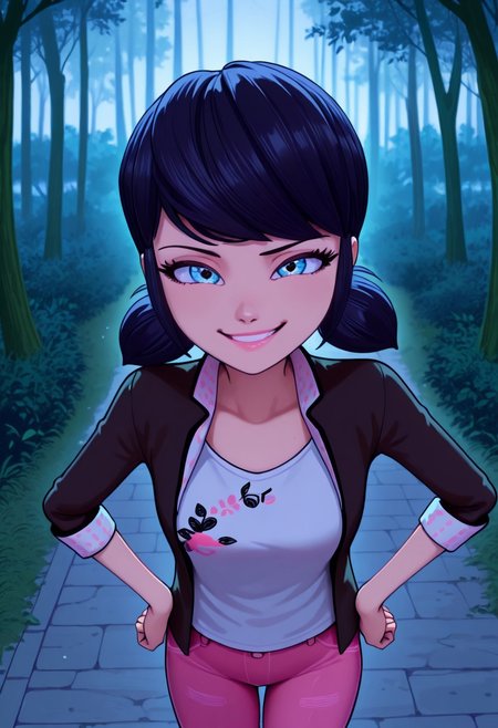 bright colors, detailed background,, volumetric light, vivid colours, standing,
looking at viewer, outdoors, overcast, dark, forest, vines, ponypositive, solo, solo focus, open hands on hip, single eyebrow lifted, smirk,
Marinette Dupain-Cheng, shoulder-length black hair with blue reflections tied back in pigtails, light pink lips, fair skin, bright bluebell eyes, unbuttoned jacket, white T-shirt, pink jeans, 
Smooth Quality,
best quality, hyper detailed, ambient stylish expressive lighting, absolutely eye-catching masterpiece, body extremely close-up view, (facing viewer), forward, face extremely close-up shot, chest focus, selfie,