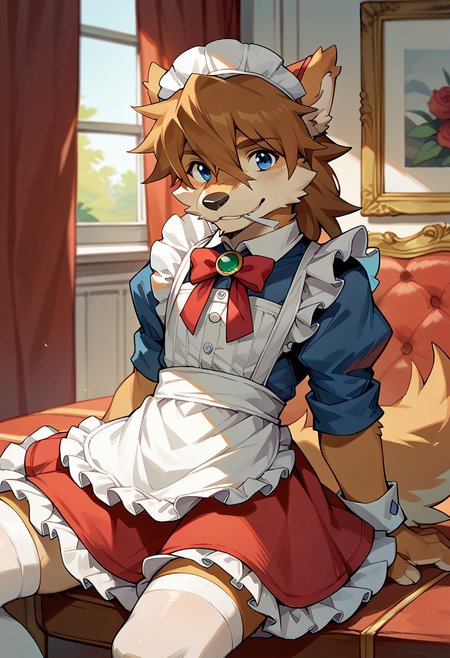 score_9, score_8_up, score_7_up, high res, best quality, red_savarin_solatorobo, furry, solo, 1boy, blue eyes, brown hair, stockings, cute dress, maid headwear, <lora:Red_Savarin_Solatorobo:1>