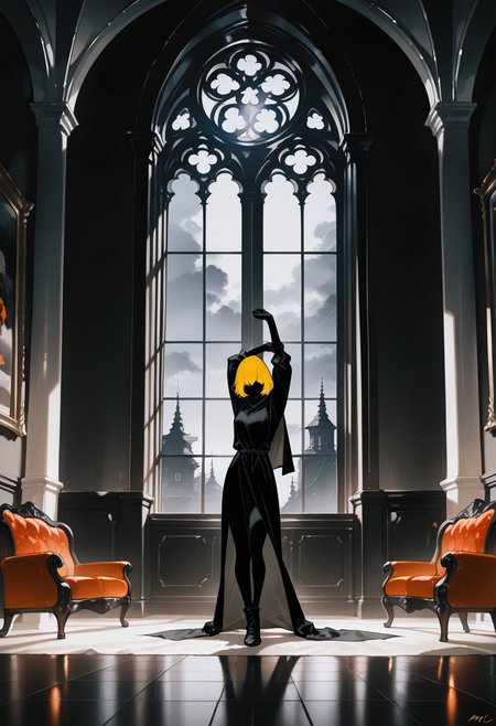 1girl,   yellow hair, medium hair,   hair over eyes, ahoge,   completely black skin,   
BREAK   1girl, 1girl, yoga, yoga pose, stretching,      
BREAK              black armor, cape and robes,  sofa, gothic interior, large window, smokey room, foggy, (fantasy, medieval, ancient),    
BREAK safe, ((momomo \(m0 3\):1.05), (21yc (september breeze):1.1), (qiandaiyiyu:0.65), (mame1645:0.95), (dantes ward:0.5), (sonson \(eleven\):0.7)), (dark theme, high contrast), masterpiece, best quality, very aesthetic, absurdres, highres, scenery, newest, <lora:ponyv5_noobE11_1_adamW:0.5>, <lora:UNSTABLE_v0.7-000009:0.4>