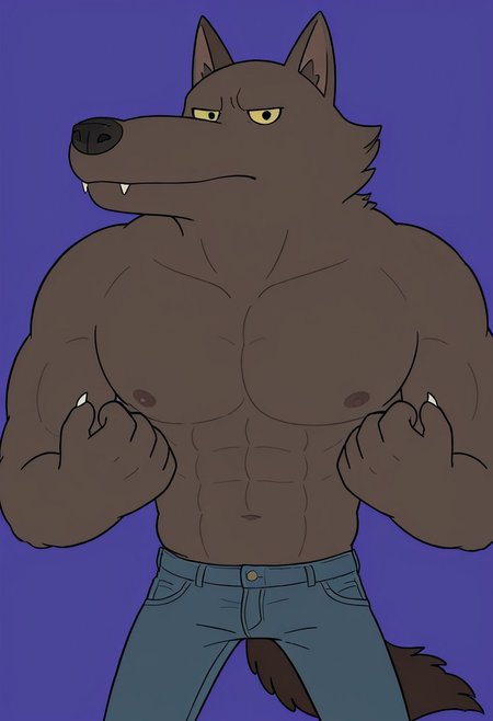 score_9_up, score_8_up, score_7_up, detailed, high quality, masterpiece, best quality, amazing quality, flat colors, cartoon, solo, male, anthro, w0lfman-bare-chest, werewolf, brown fur, yellow eyes, dark nose, fangs, muscles, abs, pecs, nipples, bare chest, skinny jeans, brown tail, half body, standing, looking at viewer, closed mouth, alert, two raised arms, purple background.