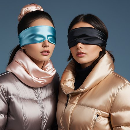 satin_scarf_blindfold, two women, puffer jackets
 <lora:satin_scarf_blindfold:0.3>