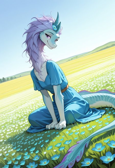 score_9, score_8_up, score_7_up, <lora:add-detail-xl:1>, Expressiveh, watercolor \(medium\), traditional media, 4k, absurdres, masterpiece, HD, high quality, best quality, sharp image, detail, detailed background, (full body image, dutch angle, low-angle view), 
She holds out a blue gemstone in the shape of a heart to the viewer. The gemstone glowed from within,
sitting in a (field of flowers), spring, peaceful look, warm smile, looking at viewer, 
solo, ((female furry, dragon, sisu_ratld)), handpaw: four fingers, hindpaw: three toes, claws, double horns, blueish purple hair, long hair, blue fur, (light neck mane), back dorsal fins, purple eyes, long body, long neck, long tail, barefoot, 
(blue spring dress, short sleeve), turquoise flower hair ornament,  turquoise flowers in the hair,