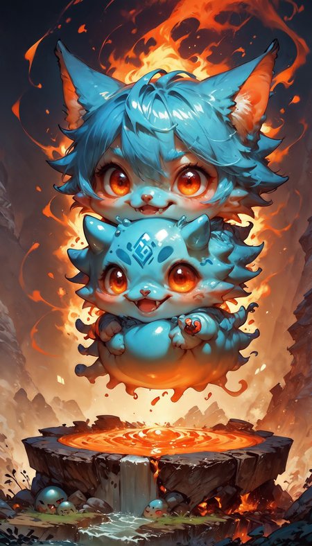 score_9, score_8_up, score_7_up,  source_anime, cute slime, very small, cute, fire aura, lava, cute magma slimes in the background, Chibi Art Style, low light,      <lora:Expressive_H-000001:0.8>, expressiveH     <lora:Fant5yP0ny:0.9> <lora:Pony_DetailV1.0:0.9> <lora:Vikings_Cutie_Chibi_Style-000001>