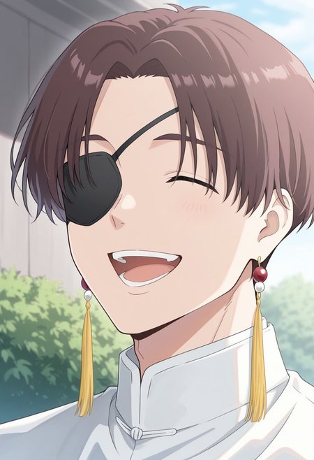 masterpiece,best quality,amazing quality, source_anime,
HayatoSuo, 1boy, male focus, solo, eyepatch, closed eyes, brown hair, jewelry, tassel earrings, school uniform,  shirt, white shirt, mandarin collar, outdoor, smile, happy, portrait, open mouth,