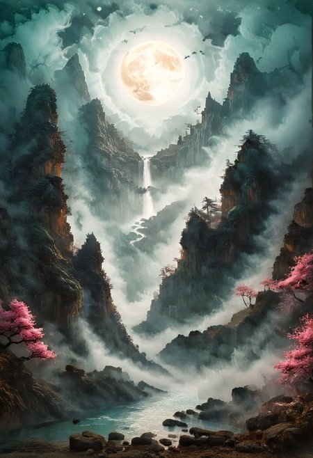 (Ink illustration on parchment, watercolor, novuschroma60 style bokeh, ink splashes, Ukiyo-E). ((watercolor)), ((Chinese landscape)), Pagodas, Red-Trees, landscape focus, small figure off-side, Japanese landscape, Rivers, Lake, Clouds, with watercolor washes, (((sakura forest landscape))), (((mist, waterfalls))), ((pink trees, sakura trees, vivid pink treetops)), (((full moon, moonbeams))), (((endless sakura forests that stretch outward to the horizon))), dotted with the ruins of an ancient destroyed civilization, crumbling stone, degraded buildings and temple, a long magical aurora borealis stretching across the sky, a broken moon high in the sky partially turned into an asteroid belt, a Saturn-like ringed-planet world, flickers of magical energy illuminating the land, in the far distance a giant wall of smoke is rising from the shattered earth in which a multitude of faces are forming and screaming, Ink splashes, rough ink sketch, Ghibli style, high contrast, stylized, dark skin, close up on face, head and shoulder, leather medieval top with lowered hood, Art Nouveau Style, detailxl, BadDream, dioramas,
