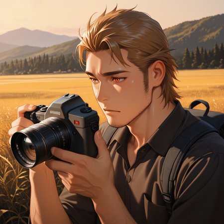 masterpiece, best quality, amazing quality, absurdres, newest, detailed background, definition so sharp, Ultra-HD, 8K cinematic, very awa, impressionate, amazing quality, highres, 
solo, male focus, manly, shadow, shiny skin,
ekusoushizumu, ekusou_brunette, ekusou_orange eyes, 1boy, short hair, sideburns, stubble, photographer, camera, lens, artistic_composition, framing, golden_hour, landscape, nature_photography, focused_gaze, creative, aesthetic_vision, soft_focus, depth_of_field, backpack