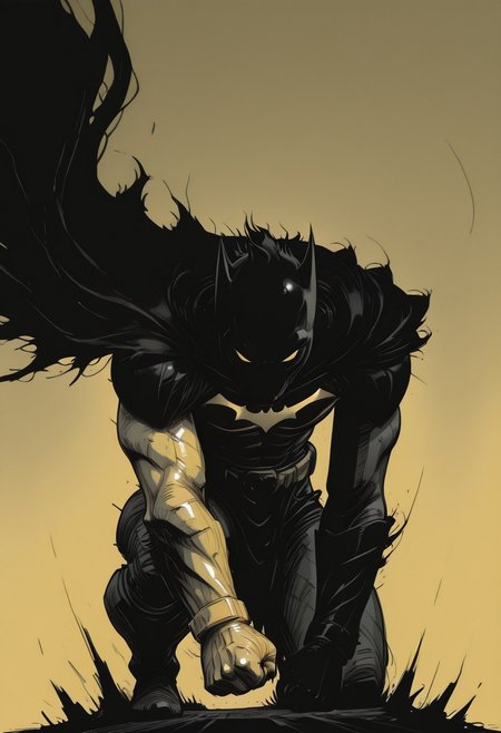 dark Shadow, Sketch, gritty, fine lines, delivering powerful Punch, fierce, torn cape, nistyle, monochrome with pastel yellow color, batman