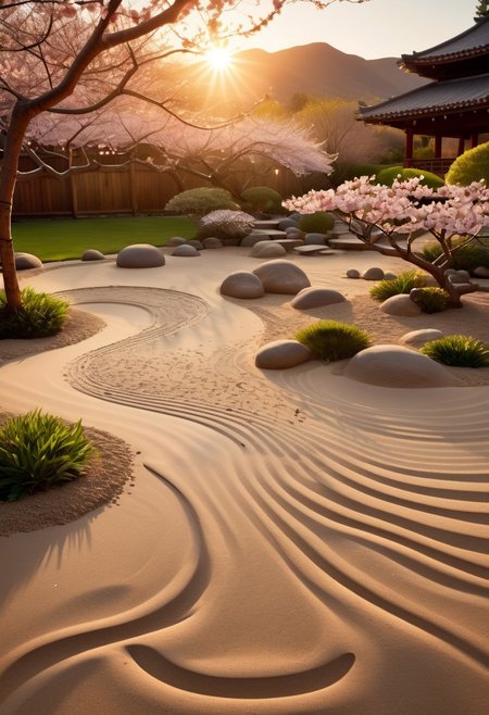 hyper-realistic, award-winning, photo, highly detailed,       A peaceful Zen garden at dawn, with perfectly raked sand, blooming cherry blossoms, and a gently flowing stream.      50mm photography, dramatic rim lighting., warm morning lights, fine details, photo quality, RAW quality with NIKON camera