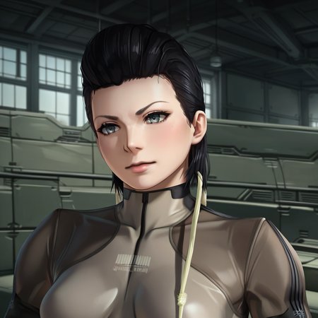score_9, score_8_up, score_7_up,score_6_up,uncensored,detailed eyes,perfect eyes,extremely detailed CG,extremely detailed face,detailed Lora,best quality,source_anime,anime,perfect face, beautiful eyes,beautiful face, detailed eyes ,masterpiece,high resolution, distinct image BREAK <lora:MGS4_Screaming_Mantis:1>  MGS4_Screaming_Mantis, 1girl, solo,  black hair, short hair, grey eyes, medium breasts, grey bodysuit, skin tight, gloves, toeless legwear   ,portrait,closed mouth