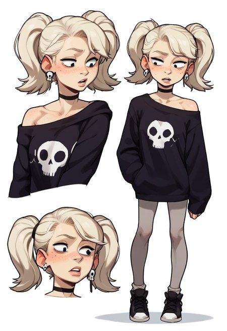 score_9, score_8_up, score_7_up, score_6_up, score_5_up, score_4_up, conceptart,multiple views,white background,simple background,<lora:concept:1>,
1girl, solo,platinum blonde hair, twintails, red freckles, black eyes,skull earrings, black choker, black ghost print sweatshirt, off shoulder sweatshirt, gray pantyhose, black sneakers,
<lora:princess_xl_v1:0.7>, <lora:Expressive_H:0.6>, <lora:incase-ilff-v3-4:0.5>, <lora:MysticalPlantPenetratorPDXL:0.5>, <lora:Twintails_Marra_v1:>