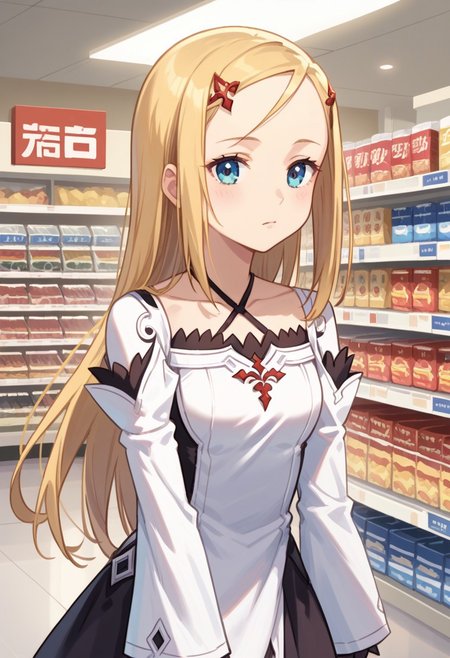 score_8, score_8_up, score_7_up, source_anime, anime screenshot BREAK 1girl, female focus, solo, Murno_SCS, blonde hair, long hair, hair ornament, forehead, halterneck, white dress, detached sleeves, layered sleeves, long sleeves, black skirt, upper body, indoors, store,