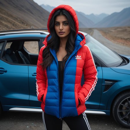 (dark cinematic still, dark vibes) sexy slim skinny one pakistani women ,unique, wearing a hooded red and blue adidas_puffer_jacket, unique hair styles, 8k uhd, dslr, high quality, photorealistic, realism, hyperrealism,  ((car scene)),
<lora:adidas_puffer_jacket_v1:0.3>