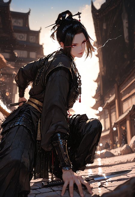 masterpiece, best quality, good quality, very aesthetic, absurdres, newest, 8K, depth of field, focused subject, visual storytelling, dynamic composition,
stylized, scenery, bokeh, blurred background, 
Black Myth Wukong, Wukong hairstyle,
chinese mythology, (dynamic pose:1.3), eye-trails, fighting-stance, eye trail, zone-eyes, high speed motion, intense action shot, curved black knife, (carvings on the knife)
upper body focus, flat chest
storm aura, divine energy, long flowing sash, ancient armor, windblown hair, dramatic sky, celestial clouds, mythic scale, sakura petals, cinematic composition, backlighting, volumetric light, storytelling scene, symbolic environment, god-tier illustration,(sketch:1.3), in the style of cksc, detailed hand grip on knife