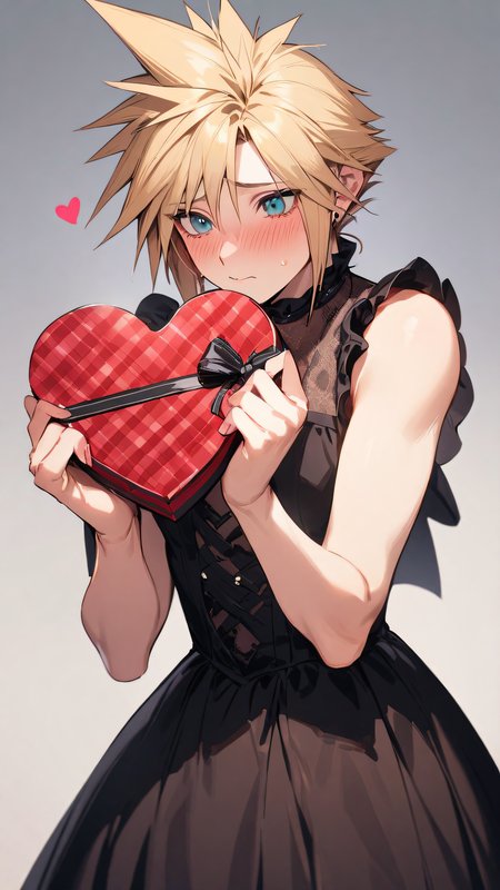 masterpiece, best quality, very aesthetic, 1boy,
cloud strife, final fantasy vii,
alternate costume, crossdressing, dress, valentine, heart-shaped box, embarrassed